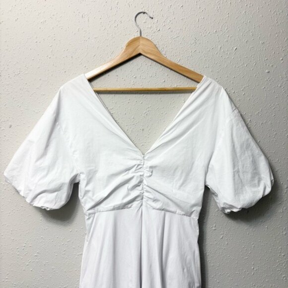 STAUD Finely Twisted Front Midi Dress Classic White V-Neck Puff Sleeve, Size 8 - Picture 9 of 14